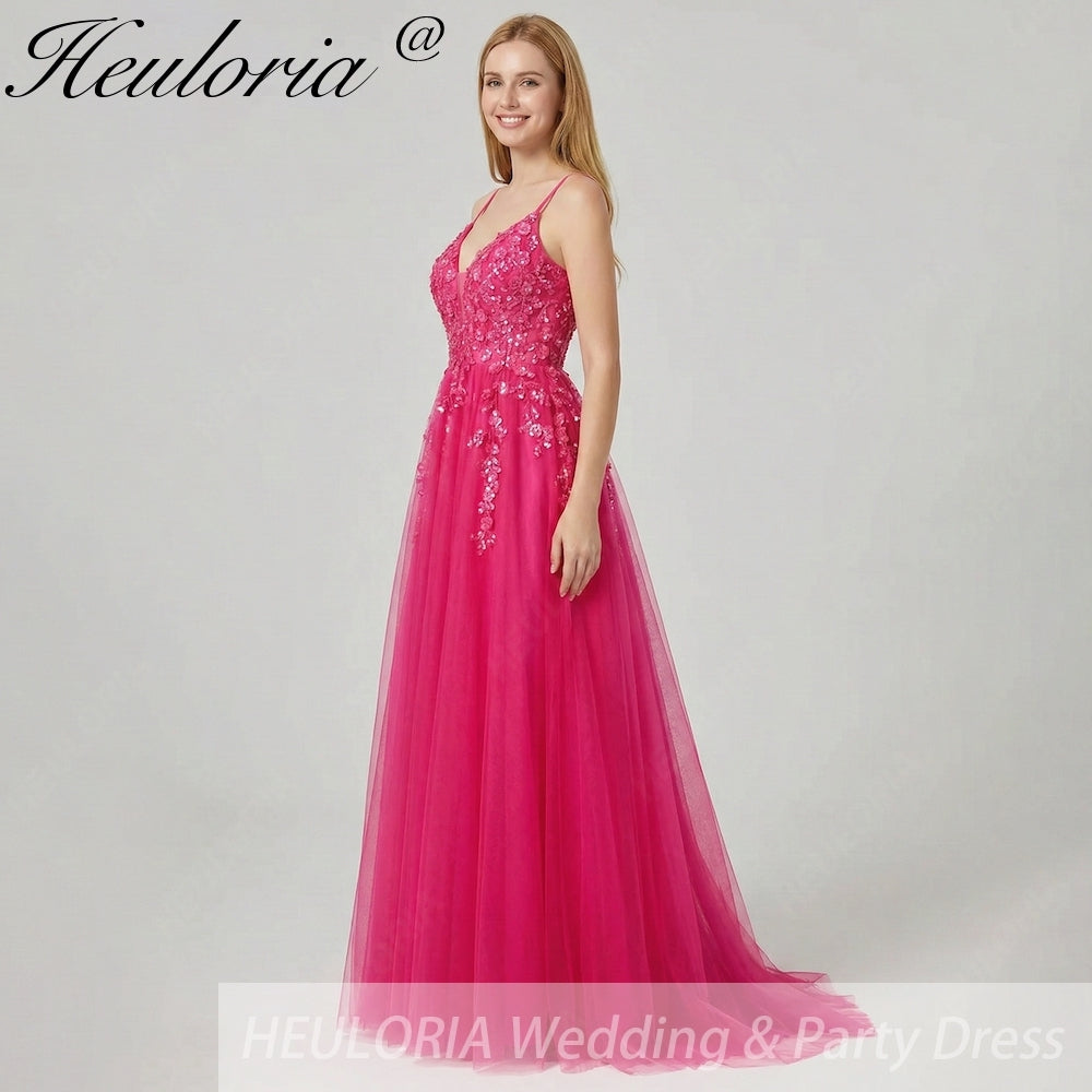HEULORIA Enchanting 3D Floral Applique V-Neck Tulle A-Line Prom Dress - Corset Back Formal Gown ED-341