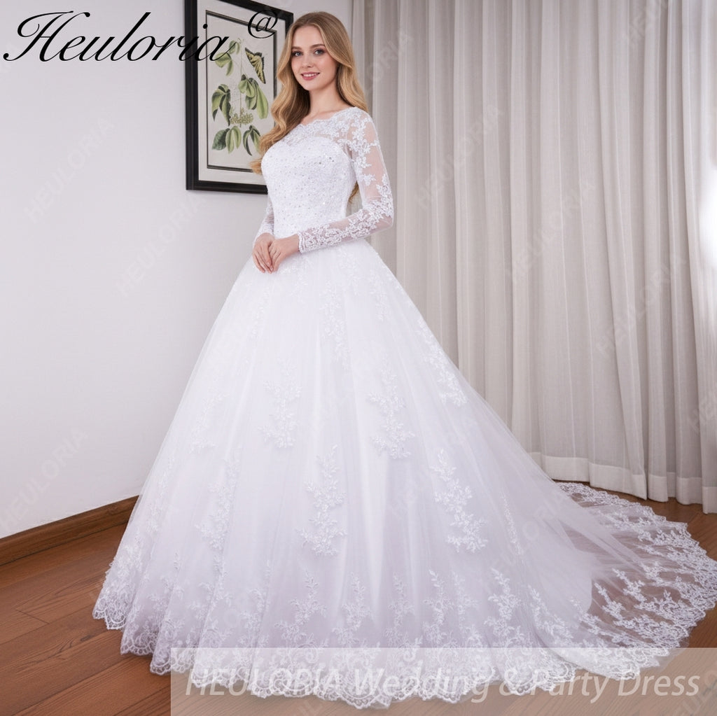 HEULORIA Princess Ball Gown Wedding Dress long sleeve bride dress O neck plus size robe de mariee Lace beading Bridal Gown BA-545