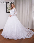 HEULORIA Lace Beaded Long Sleeve Ball Gown Wedding Dress with O-Neck BA-545