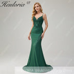 HEULORIA Emerald Green Lace Bodice Mermaid Evening Gown with Spaghetti Straps and Ruched Back formal dresses ED-218