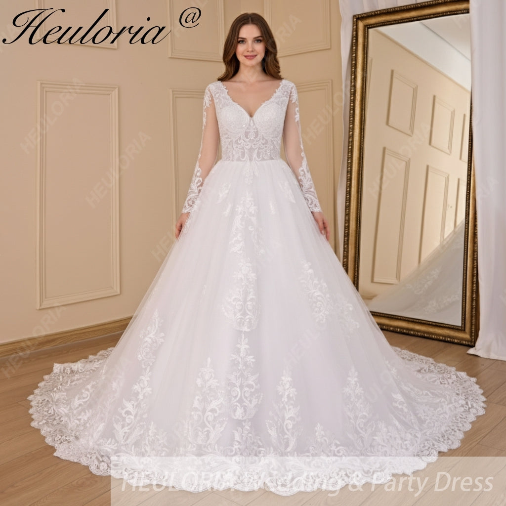 Scalloped V-Neck Long Sleeve Lace Wedding Gown