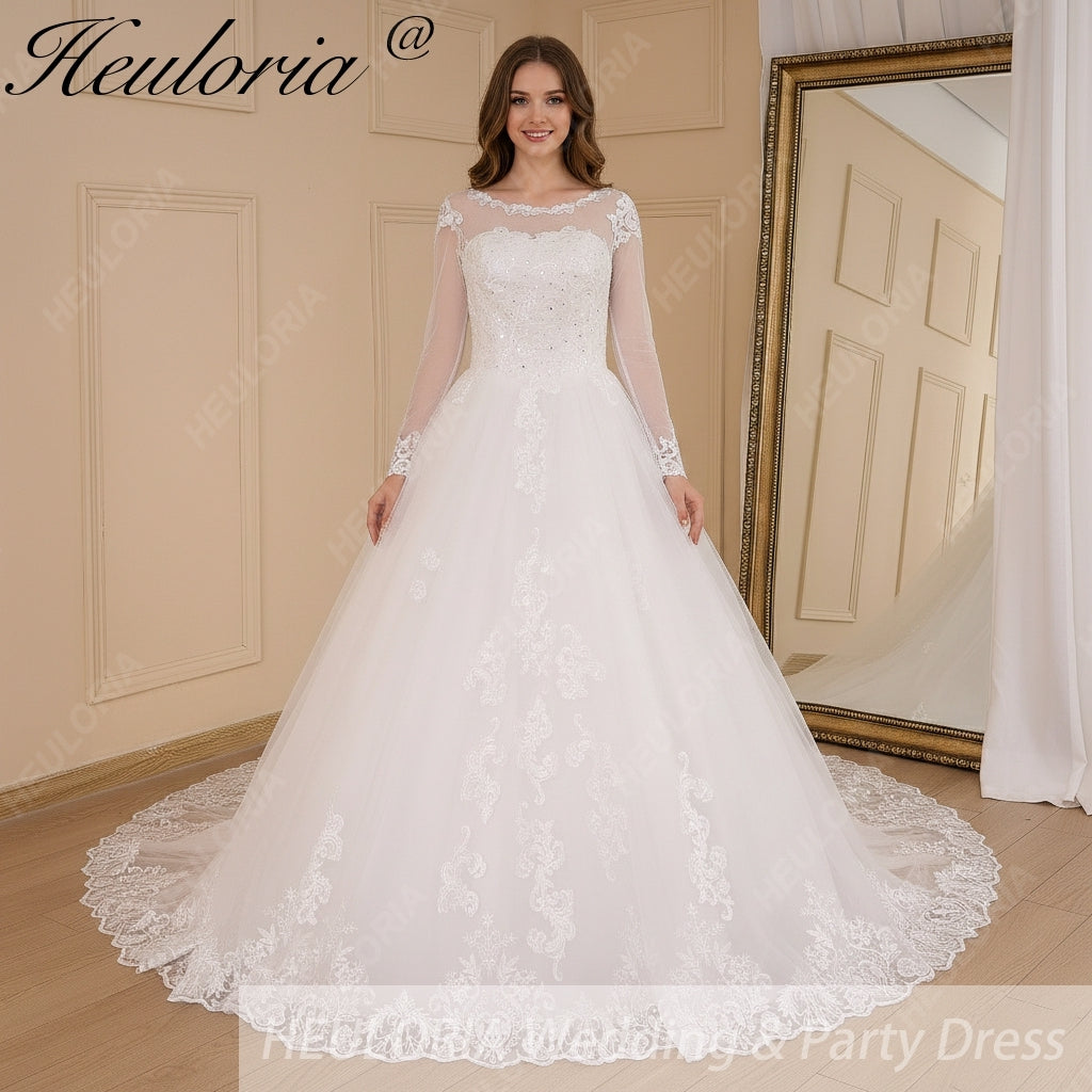 HEULORIA Princess Ball Gown Wedding Dress long sleeve bride dress O neck plus size robe de mariee Lace beading Bridal Gown BA-641