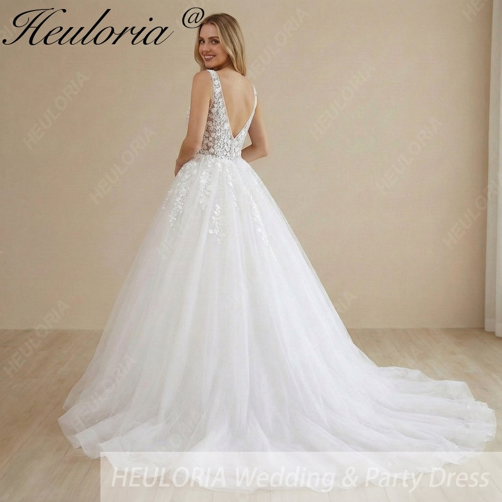 HEULORIA Romantic Deep V-Neck Floral Lace A-Line Wedding Dress with Shimmering Tulle Skirt AL-1041 Secondary image