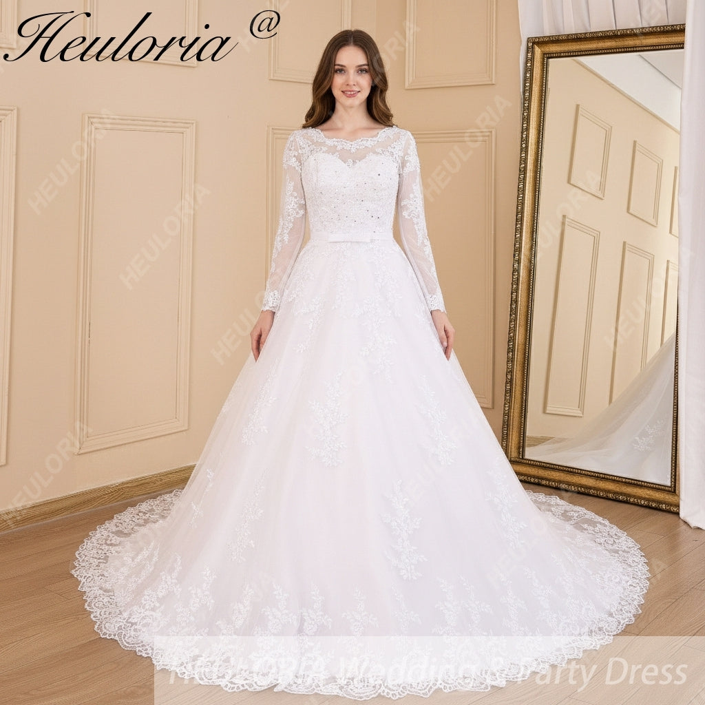 HEULORIA princess Wedding Dress long sleeve round neck bride dress lace beading lace up Plus size wedding gown BA-613