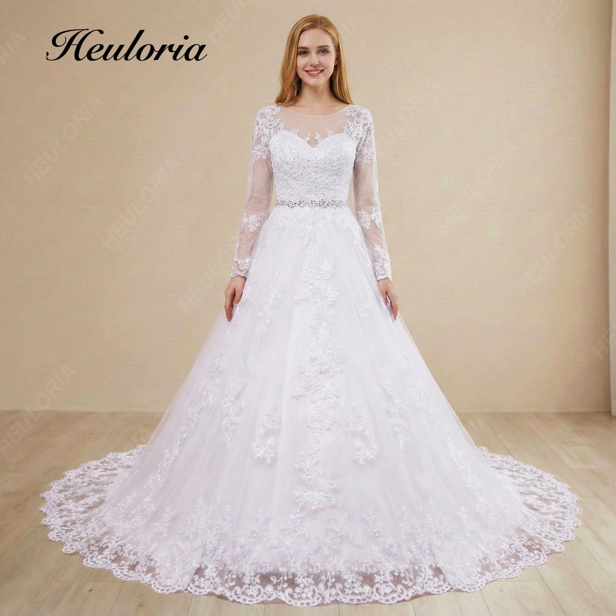 HEULORIA Elegant Long Sleeve Illusion Lace A-Line Wedding Dress with Cathedral Train and Crystal Belt BA-0517