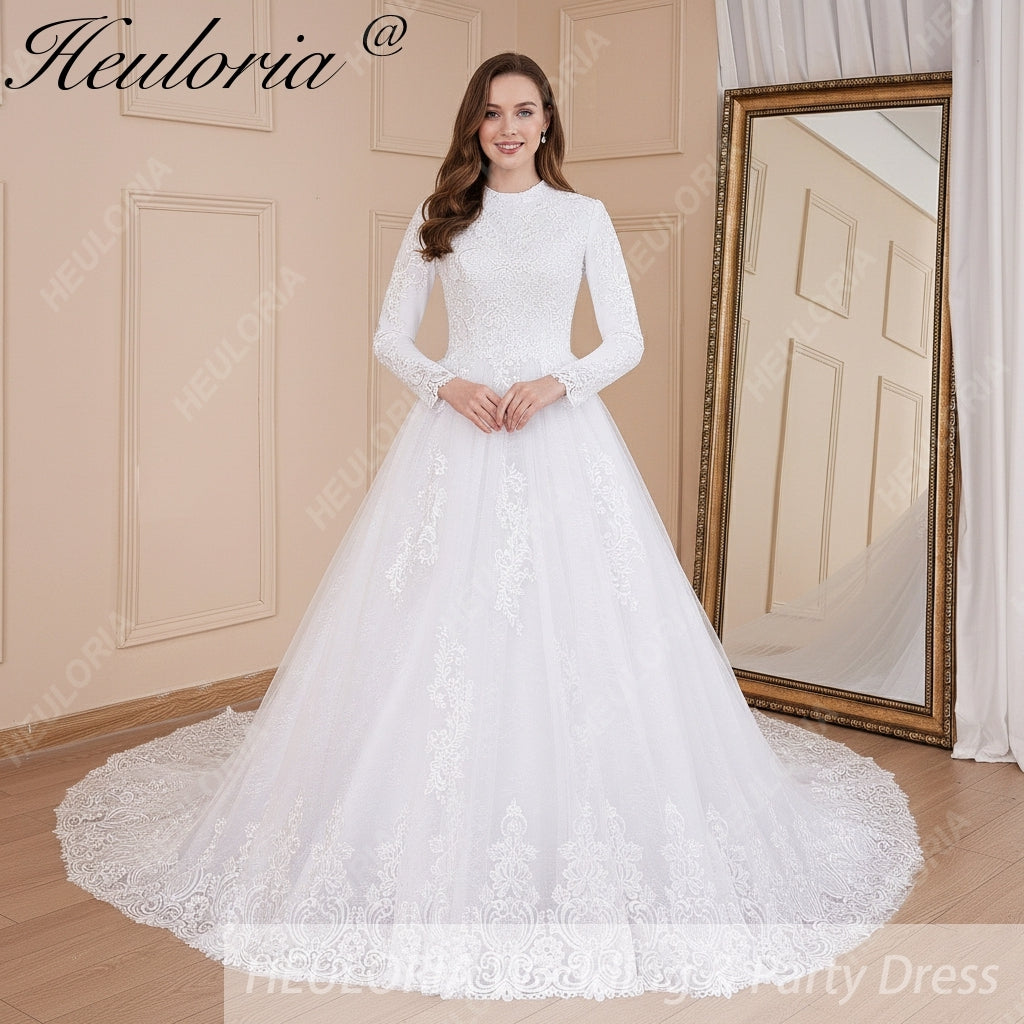 HEULORIA Muslim ball gown Wedding Dress long sleeve round neck plus size robe de mariee Lace beading bride dress court train BA-570