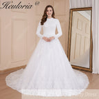 HEULORIA Muslim ball gown Wedding Dress long sleeve round neck plus size robe de mariee Lace beading bride dress court train BA-570