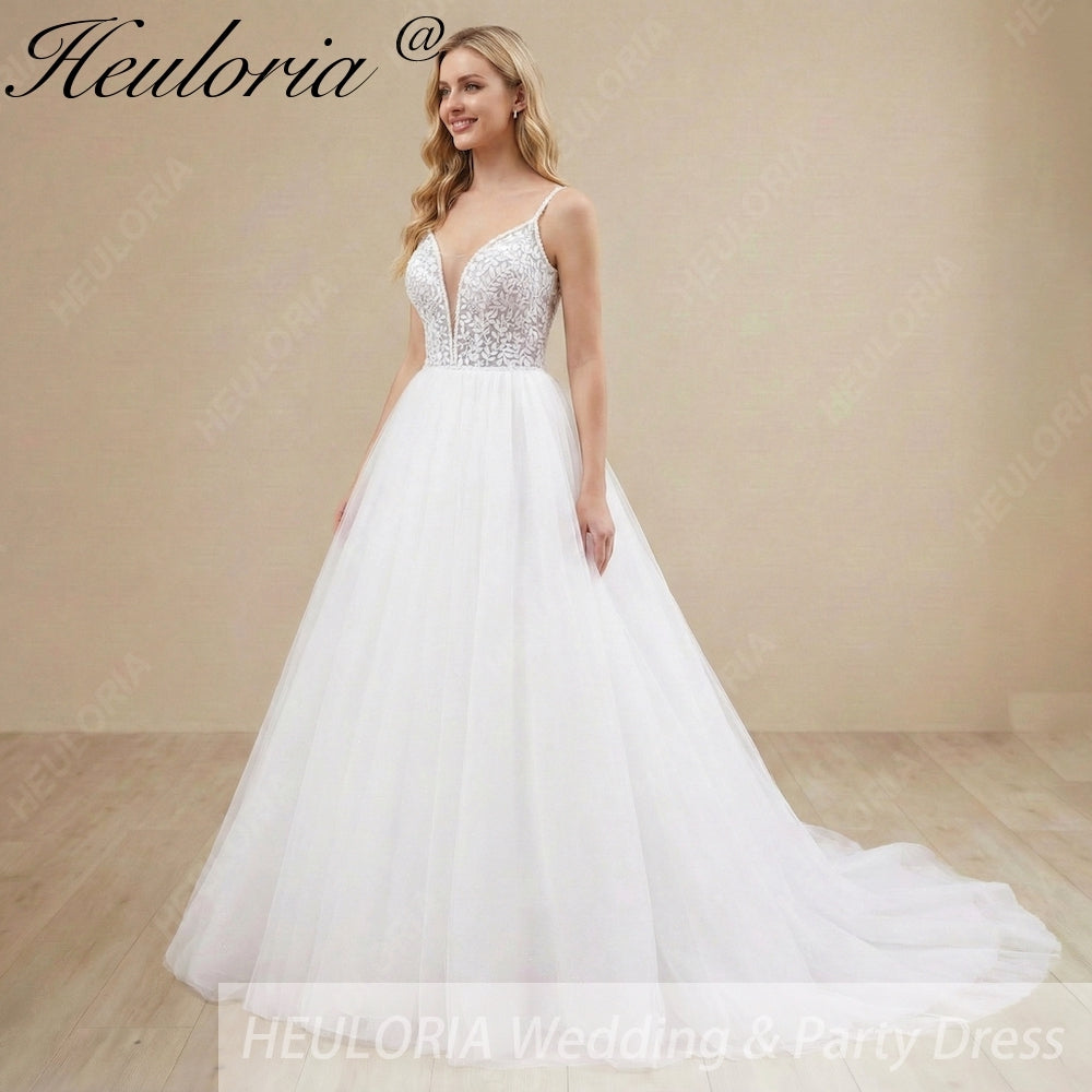 Heuloria Romantic Leafy Lace A-Line Wedding Dress: Plunge V-Neck & Sequined Tulle with Corset Back AL-1031