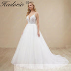 Heuloria Romantic Leafy Lace A-Line Wedding Dress: Plunge V-Neck & Sequined Tulle with Corset Back AL-1031