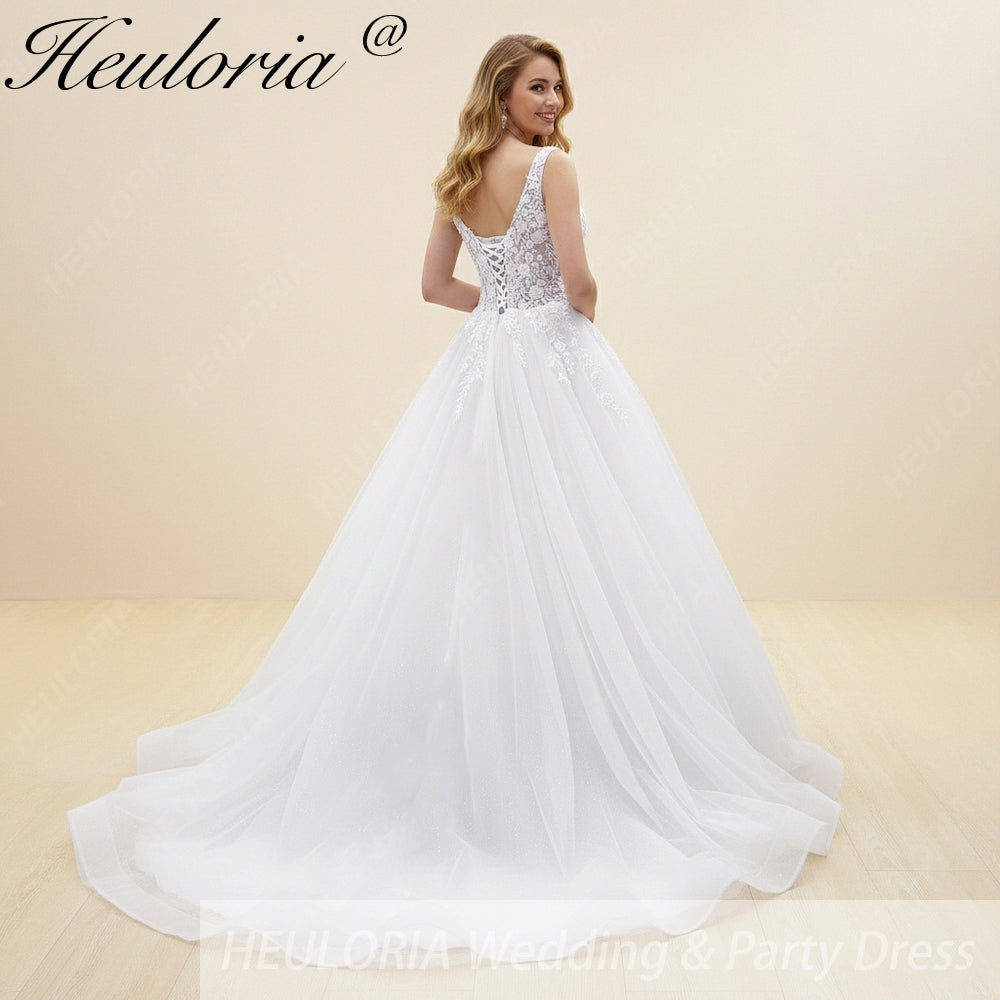 HEULORIA V Neck Sleeveless A line Wedding Dress Boho Lace Appliques Tulle Long Bridal Gowns Backless Vestidos de Novia Customized AL-1023
