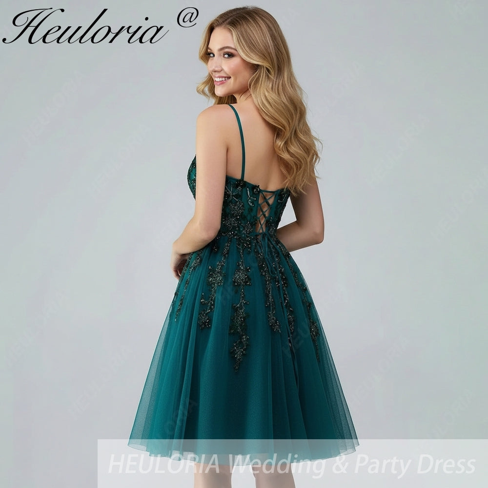 HEULORIA Sparkly Dark Green Short Prom Dress - Square Neck A-Line Tulle Homecoming Gown with Lace Appliqués ED-300 Image secondaire du produit