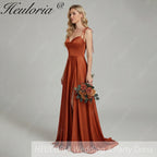 HEULORIA Rust Satin Cowl Sweetheart Maxi Dress with Tie-Shoulder Straps and Side Slit ED-249