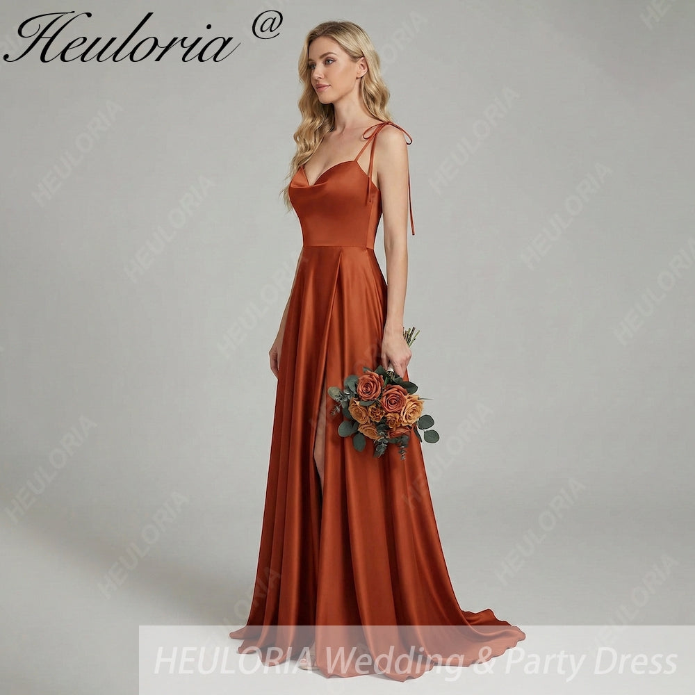 HEULORIA Rust Satin Cowl Sweetheart Maxi Dress with Tie-Shoulder Straps and Side Slit ED-249