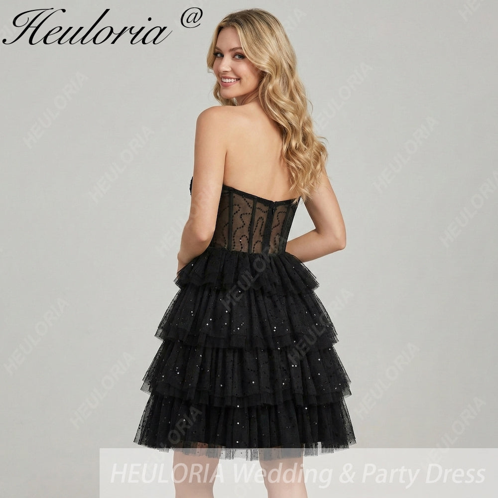 HEULORIA Sequin Strapless Tiered Tulle Mini Dress with Corset Bodice - Black ED-275 Imagen secundaria del producto