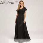 HEULORIA Long Bridemaid dress short sleeve V neck chiffon party dress formal dress ED-133