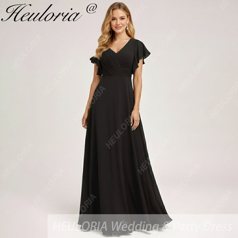 HEULORIA Long Bridemaid dress short sleeve V neck chiffon party dress formal dress ED-133