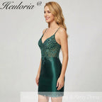 HEULORIA Emerald Green Sequin Lace Bodice Satin Mini Dress - V-Neck Spaghetti Strap Cocktail Party Gown ED-289