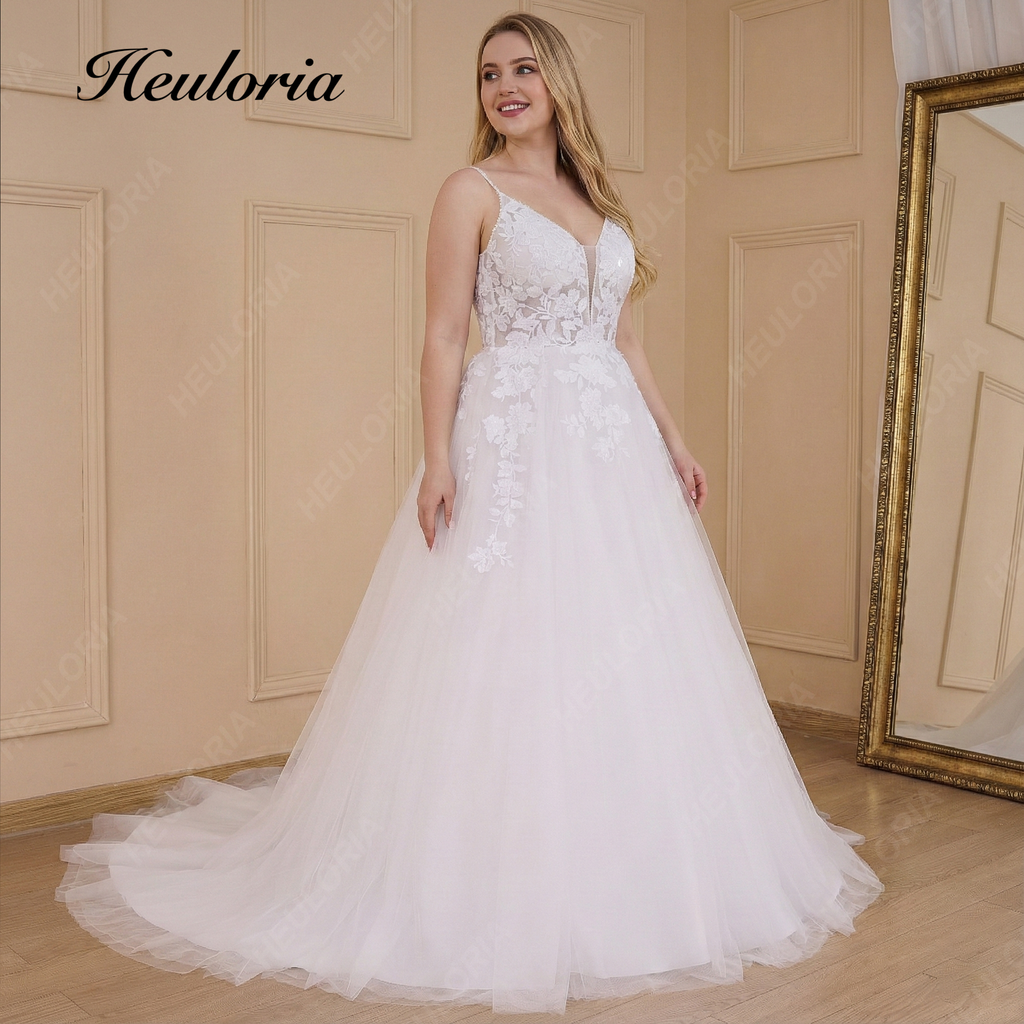 HEULORIA Elegant V-Neck Lace A-Line Wedding Dress - Beaded Spaghetti Straps & Illusion Floral Bodice AL-787