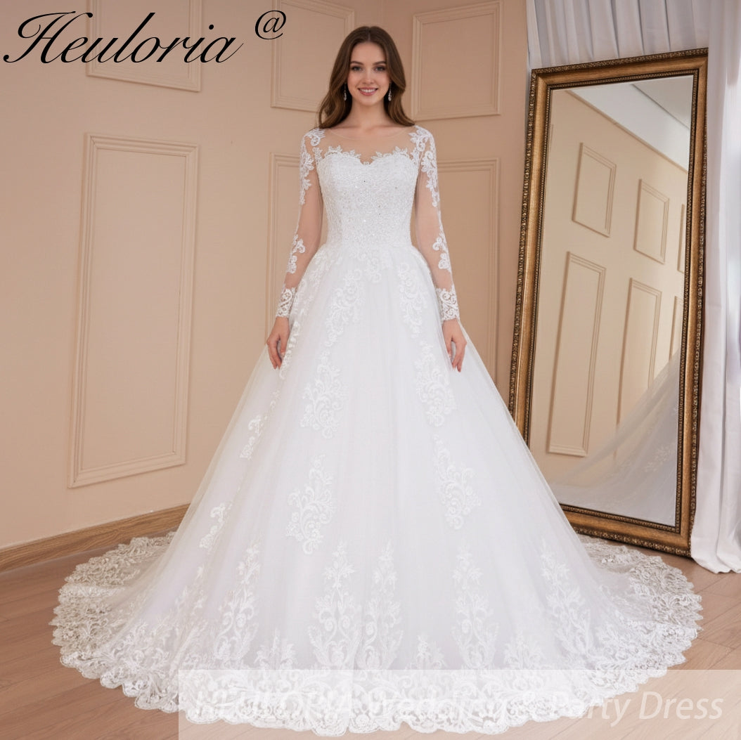 HEULORIA Princess Ball Gown Wedding Dress long sleeve bride dress O neck plus size robe de mariee Lace beading  Bridal Gown BA-539