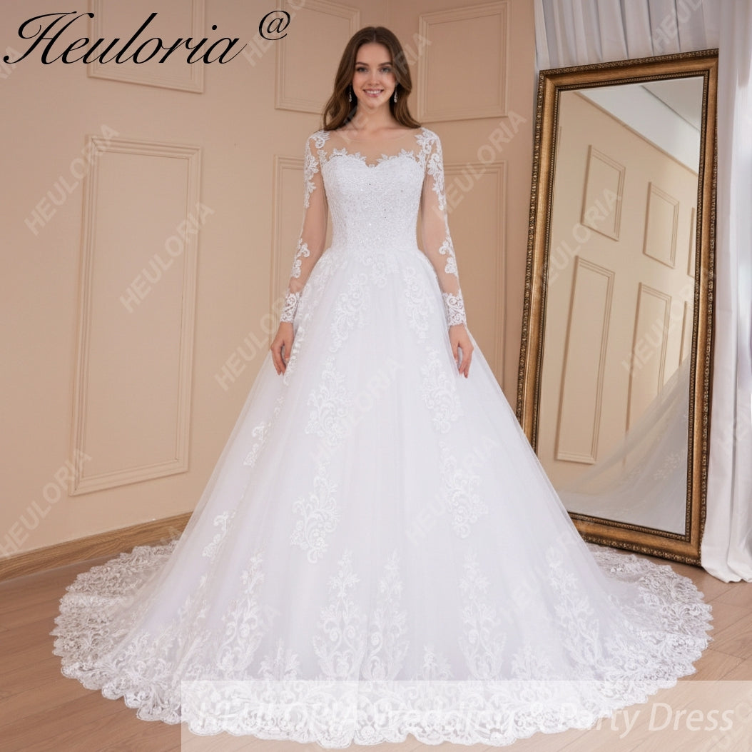 HEULORIA Princess Ball Gown Wedding Dress long sleeve bride dress O neck plus size robe de mariee Lace beading  Bridal Gown BA-539