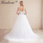 HEULORIA Sparkling Floral Lace V-Neck Wedding Dress - Leafy Straps & Shimmer Tulle Ballgown AL-1057