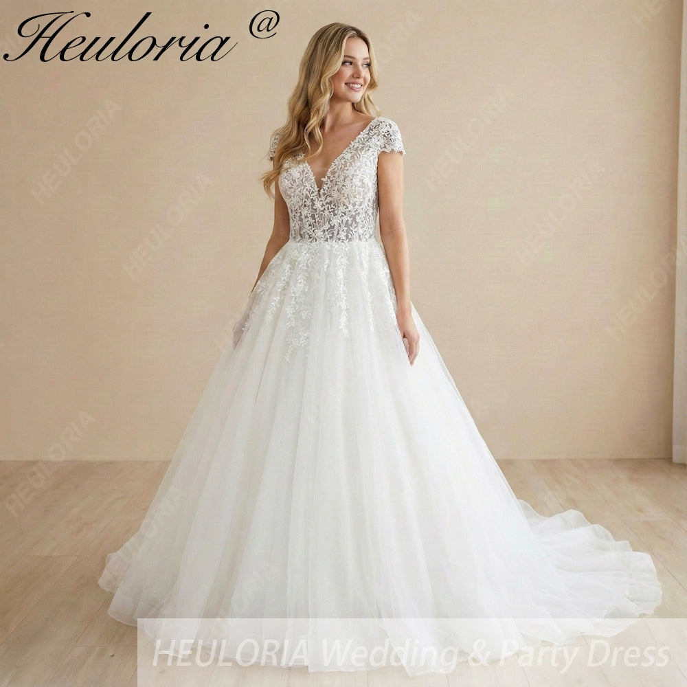 HEULORIA  A line Wedding Dress V neck short sleeve Boho Lace Appliques Tulle Long Bridal Gowns Backless Vestidos de Novia Customized AL-1102