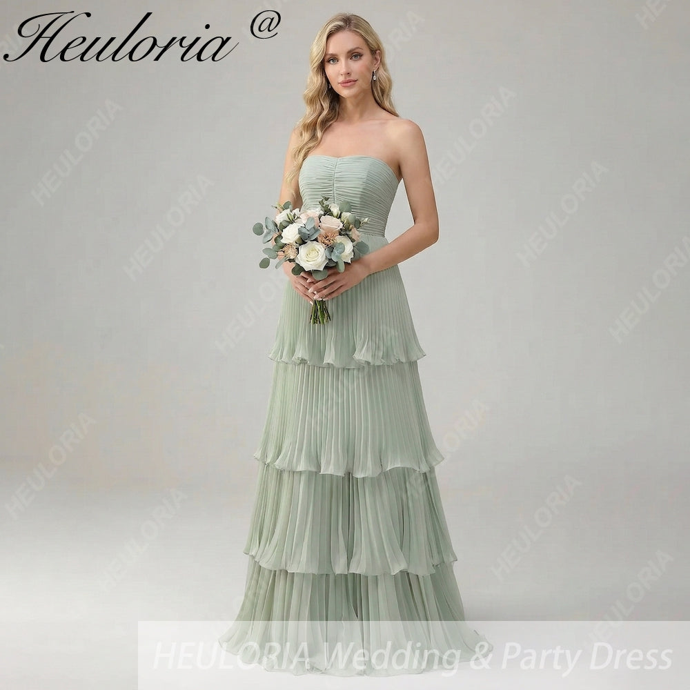 HEULORIA Strapless Tiered Pleated Chiffon Maxi Dress - Elegant Sleeveless Evening Gown ED-241