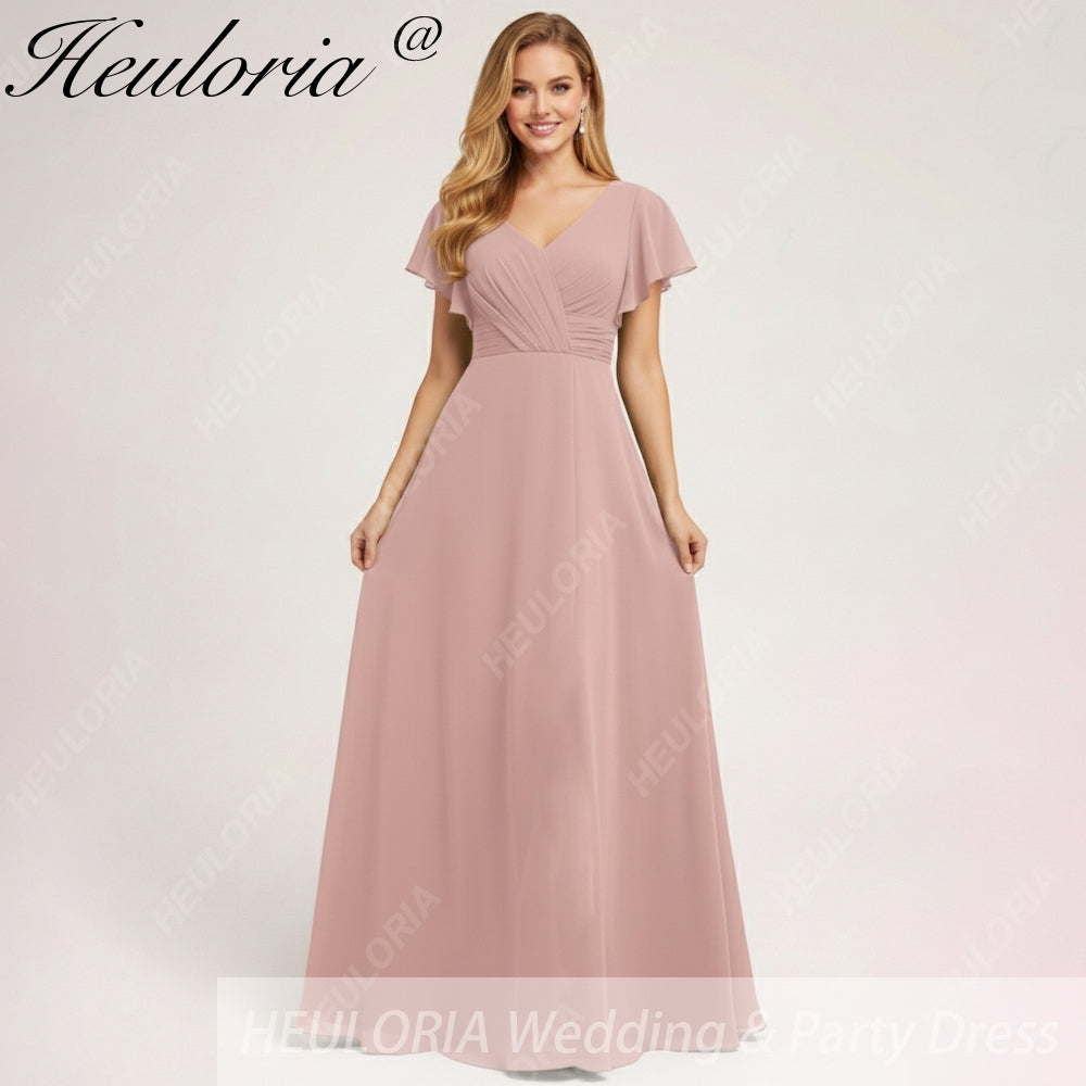 HEULORIA Long Bridemaid dress short sleeve V neck chiffon party dress formal dress ED-133