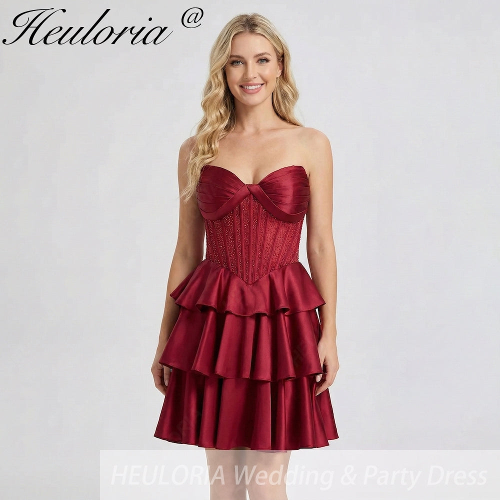 Strapless Sweetheart Corset Mini Dress | Tiered Satin Party Gown heuloria Strapless Sweetheart Corset Mini Dress | Tiered Satin Party Gown heuloria