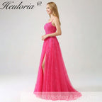 HEULORIA Vibrant Fuchsia Lace Prom Dress - Spaghetti Strap Bodice with High Slit & Corset Back ED-374