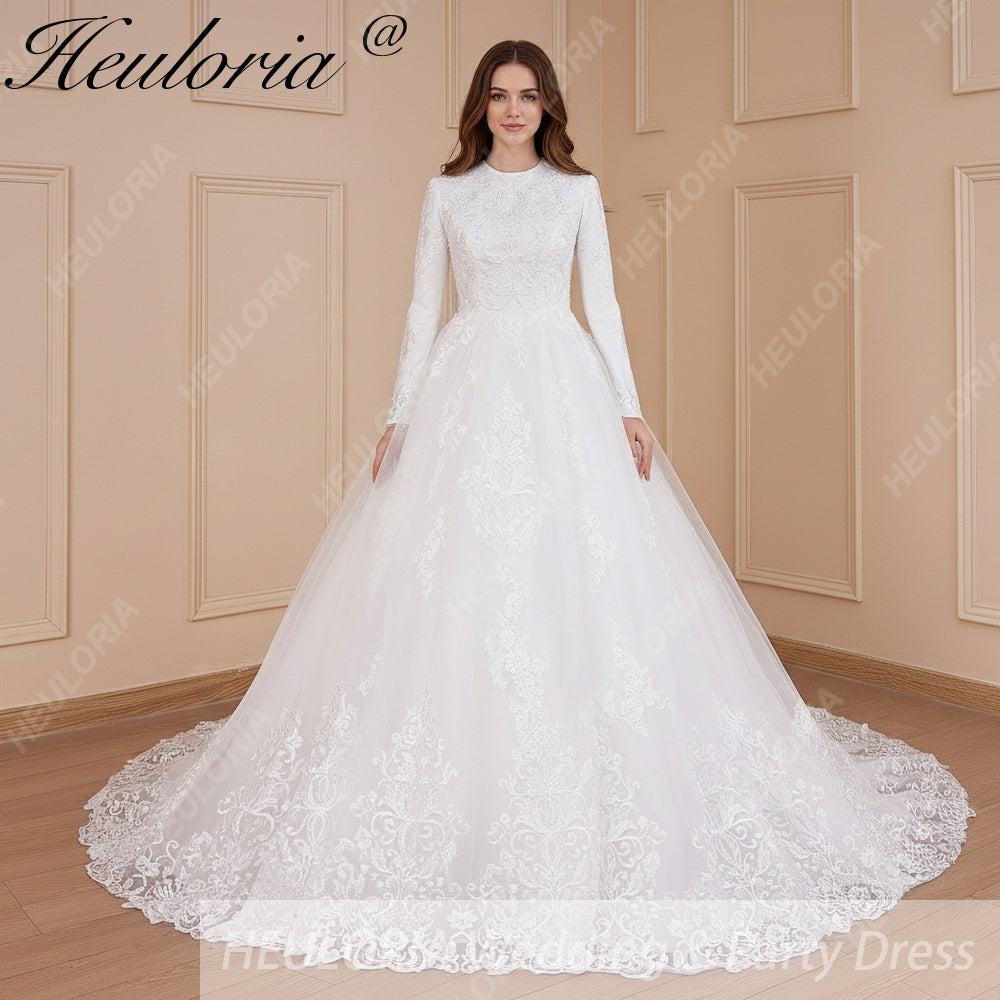 HEULORIA Muslim ball gown Wedding Dress long sleeve round neck plus size robe de mariee Lace beading bride dress court train BA-569