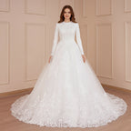 HEULORIA Muslim ball gown Wedding Dress long sleeve round neck plus size robe de mariee Lace beading bride dress court train BA-569