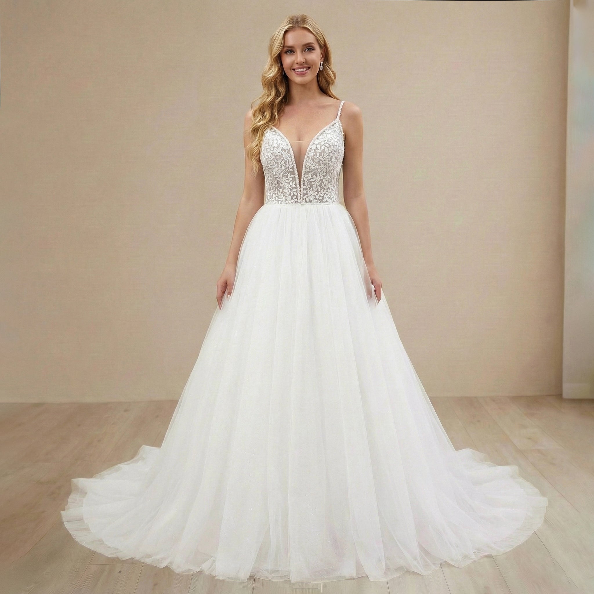 Deep V Leaf Lace Glitter Tulle Corset A-Line Wedding Dress AL-1031