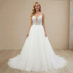 Heuloria Romantic Leafy Lace A-Line Wedding Dress: Plunge V-Neck & Sequined Tulle with Corset Back AL-1031