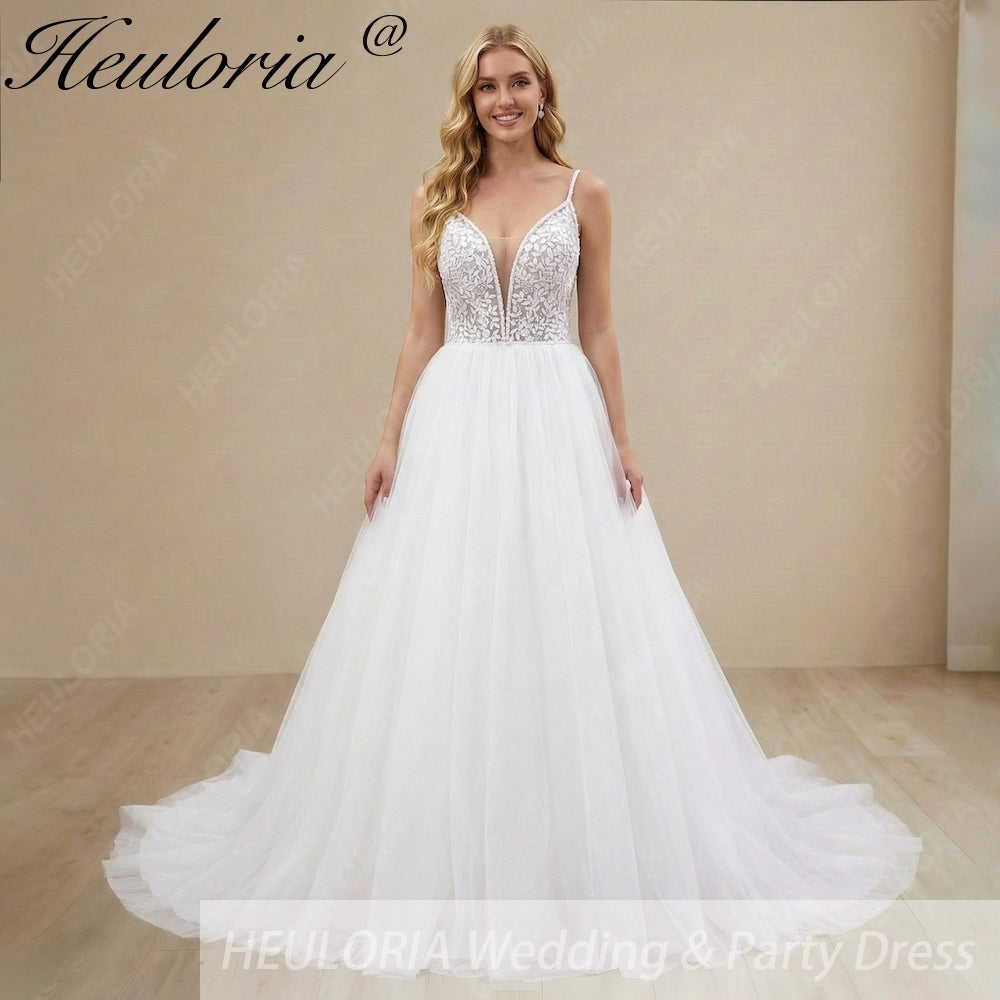 Heuloria Romantic Leafy Lace A-Line Wedding Dress: Plunge V-Neck & Sequined Tulle with Corset Back AL-1031