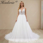 Heuloria Romantic Leafy Lace A-Line Wedding Dress: Plunge V-Neck & Sequined Tulle with Corset Back AL-1031