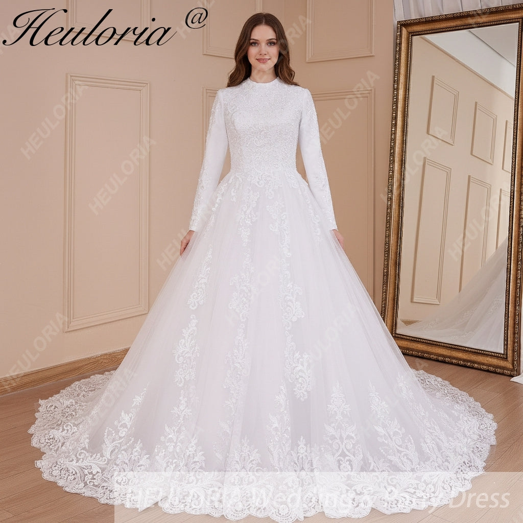 HEULORIA Muslim Wedding Dress long sleeve bride dress O neck plus size robe de mariee Lace beading  Bridal Gown BA-576