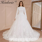 HEULORIA Muslim Wedding Dress long sleeve bride dress O neck plus size robe de mariee Lace beading  Bridal Gown BA-576