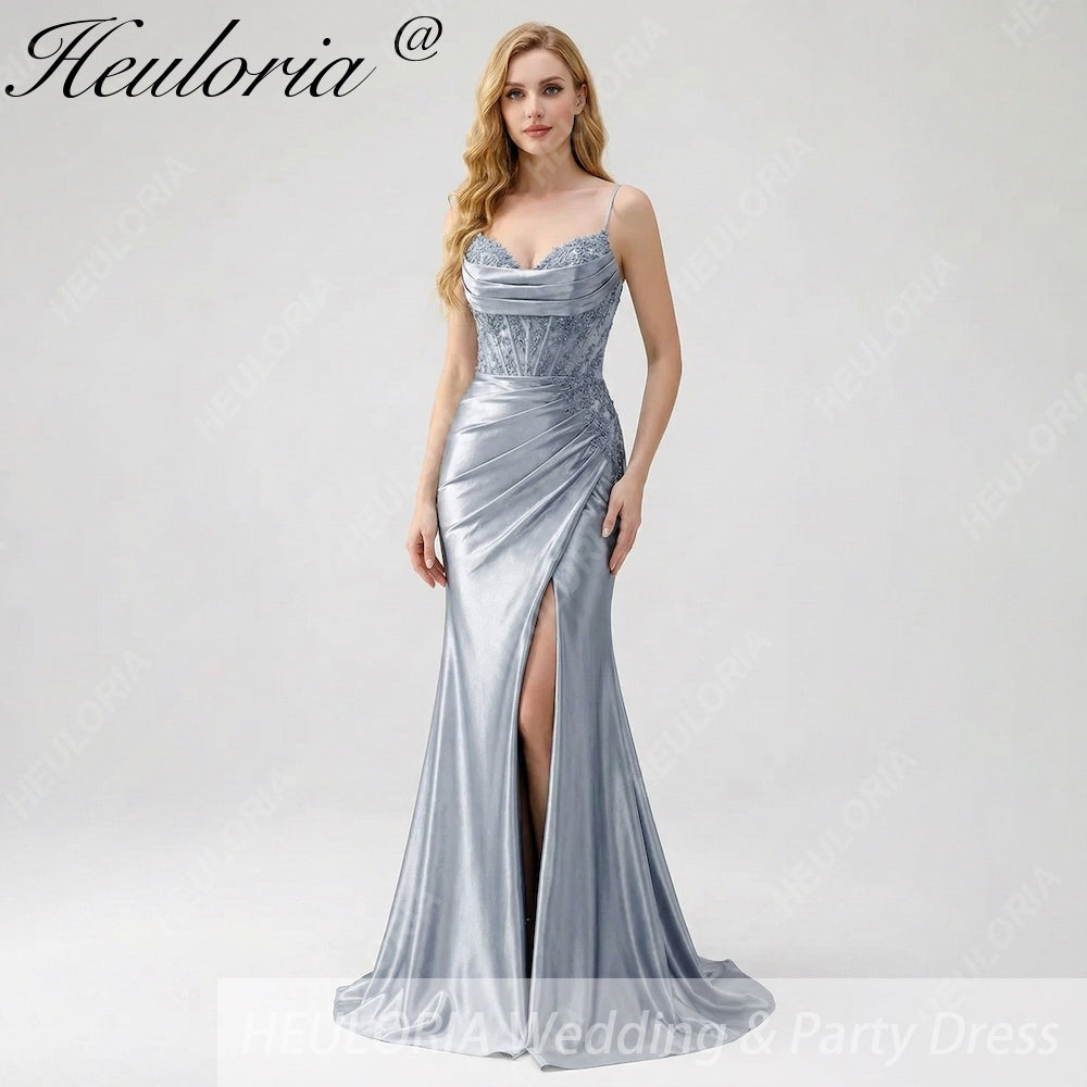 HEULORIA Sage Green Satin Mermaid Evening Dress with Lace Corset Bodice & High Slit ED-212