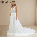 HEULORIA Illusion Deep V-Neck Lace A-Line Wedding Dress with Open Keyhole Back AL-1046