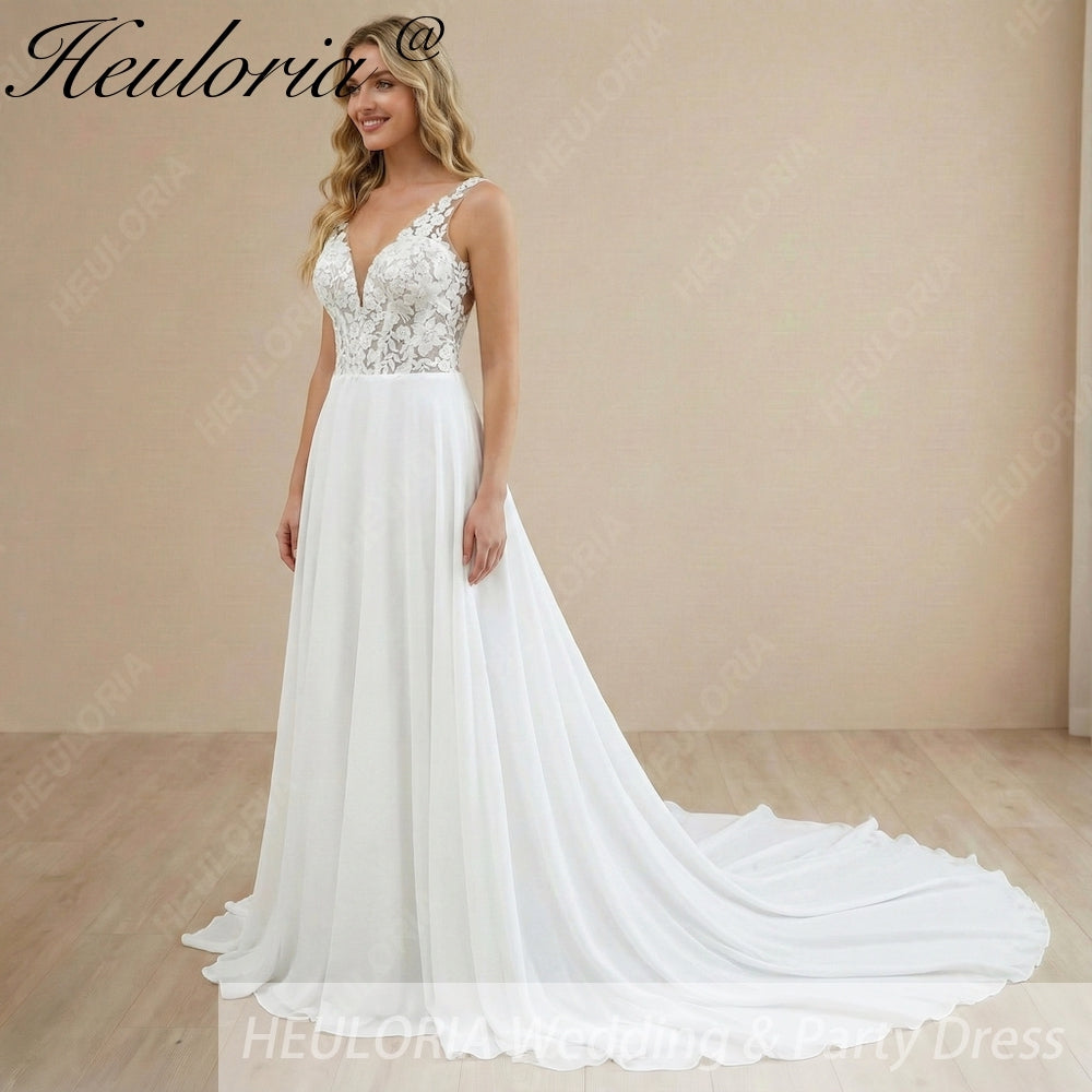 HEULORIA Illusion Deep V-Neck Lace A-Line Wedding Dress with Open Keyhole Back AL-1046