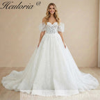 HEULORIA Sparkly Off-the-Shoulder Puff Sleeve Wedding Dress – Shimmering Lace Sweetheart Ball Gown BA-1076