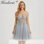 HEULORIA Sparkly Silver-Grey Beaded Tulle Short Prom Dress - Illusion Deep V-Neck & Double Spaghetti Straps ED-305