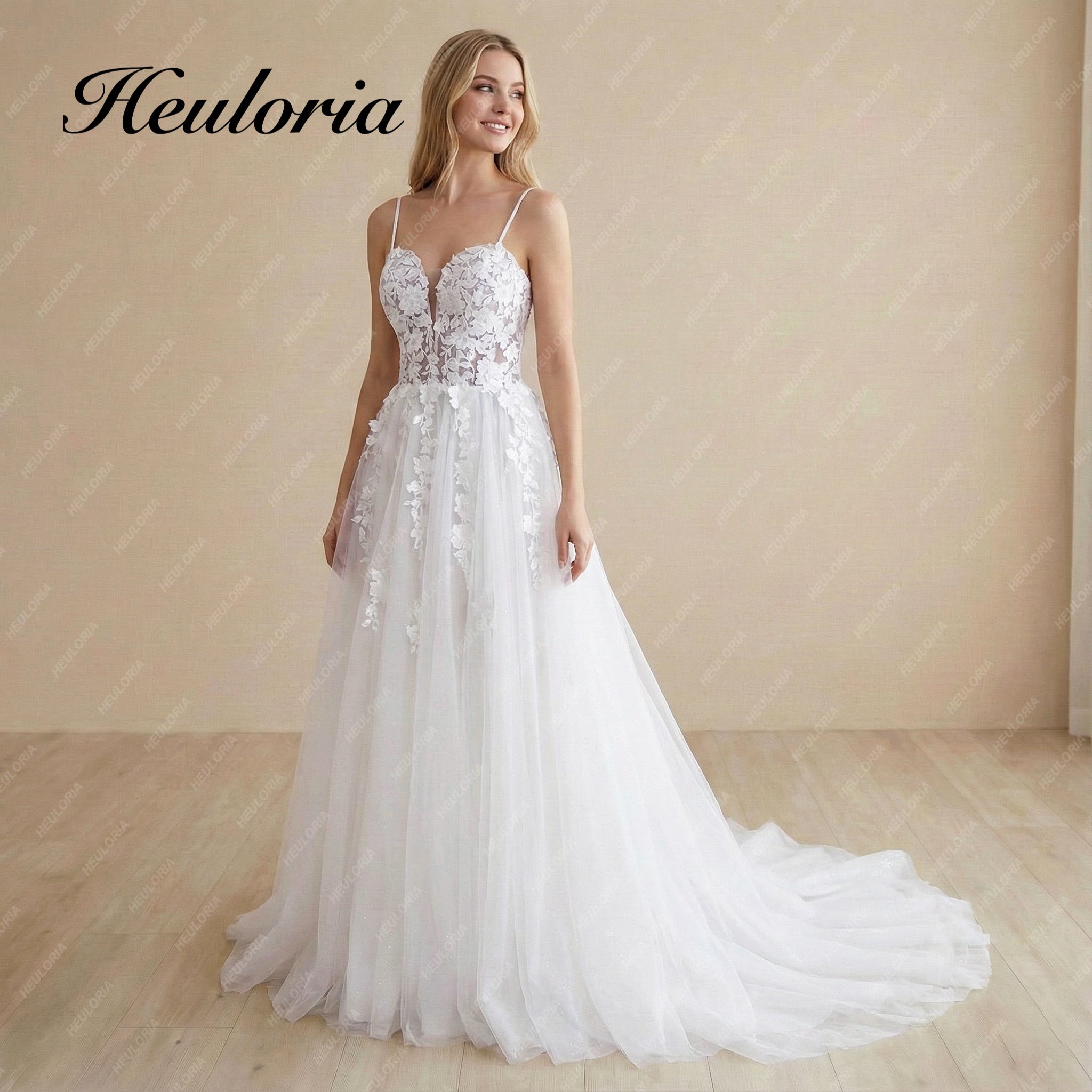 HEULORIA Ethereal A-Line Wedding Dress: Plunging Sweetheart Neckline with Spaghetti Straps and 3D Floral Lace AL-999