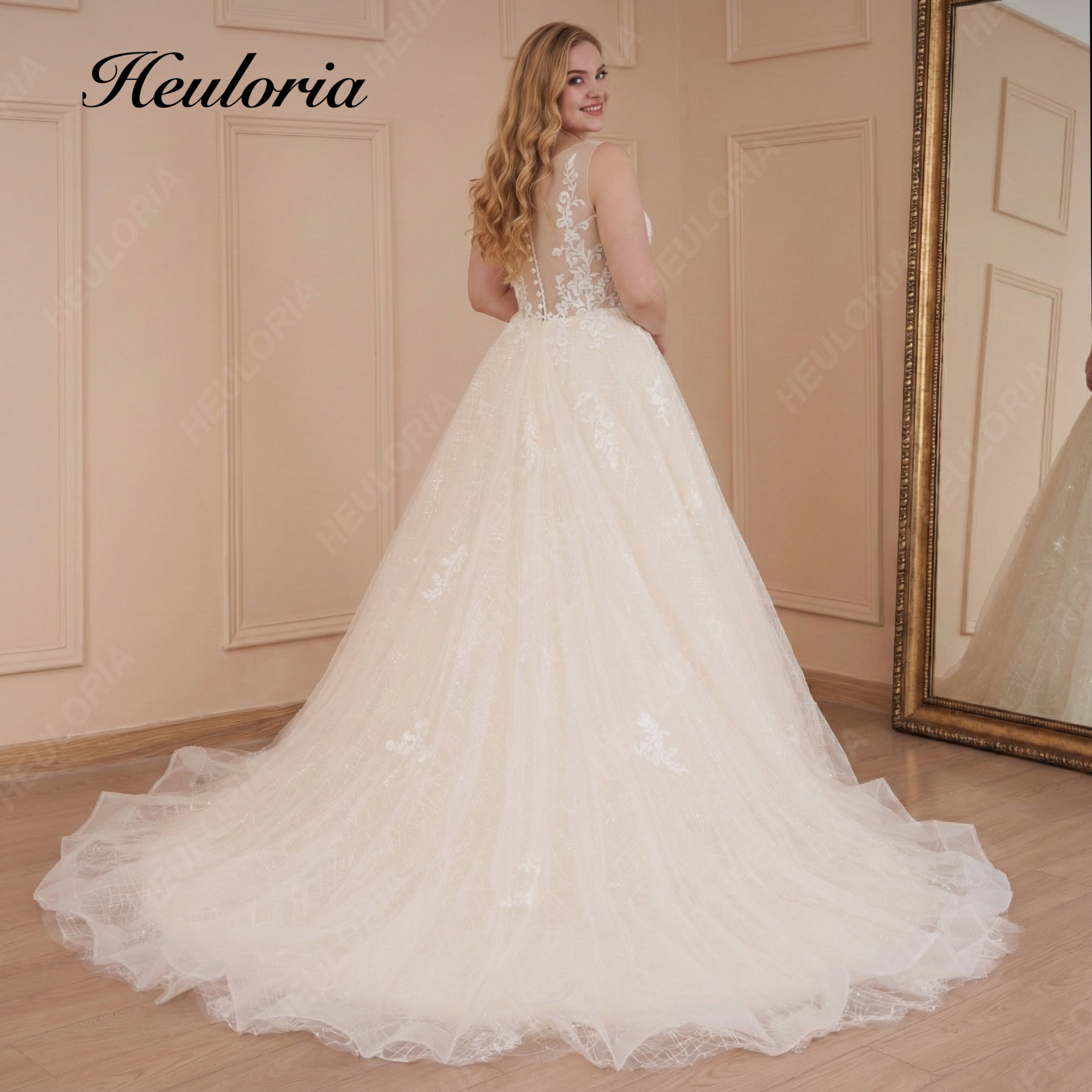 HEULORIA Illusion Plunging V-Neck Lace A-Line Wedding Dress with Shimmering Chapel Train AL-561