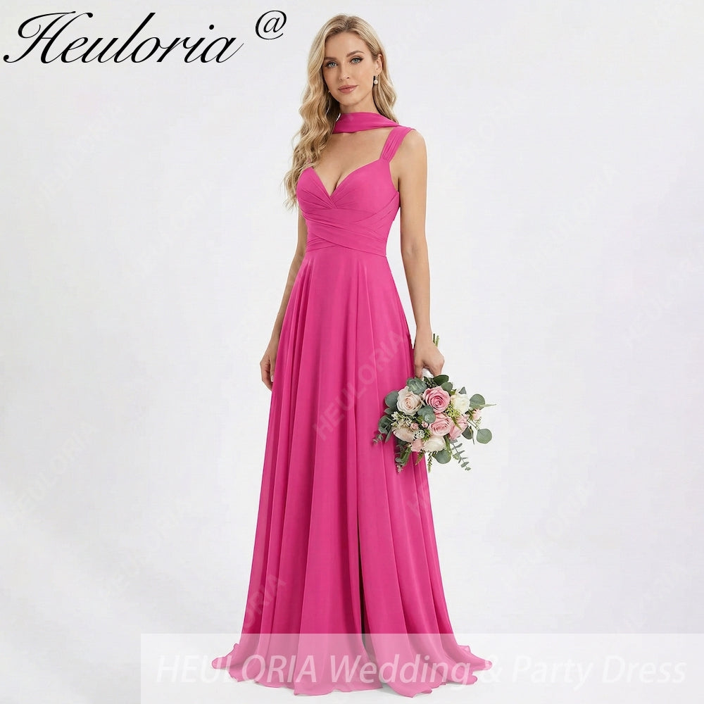 HEULORIA Fuchsia Pleated Chiffon Bridesmaid Dress with Matching Scarf & Side Slit ED-257 Image principale du produit