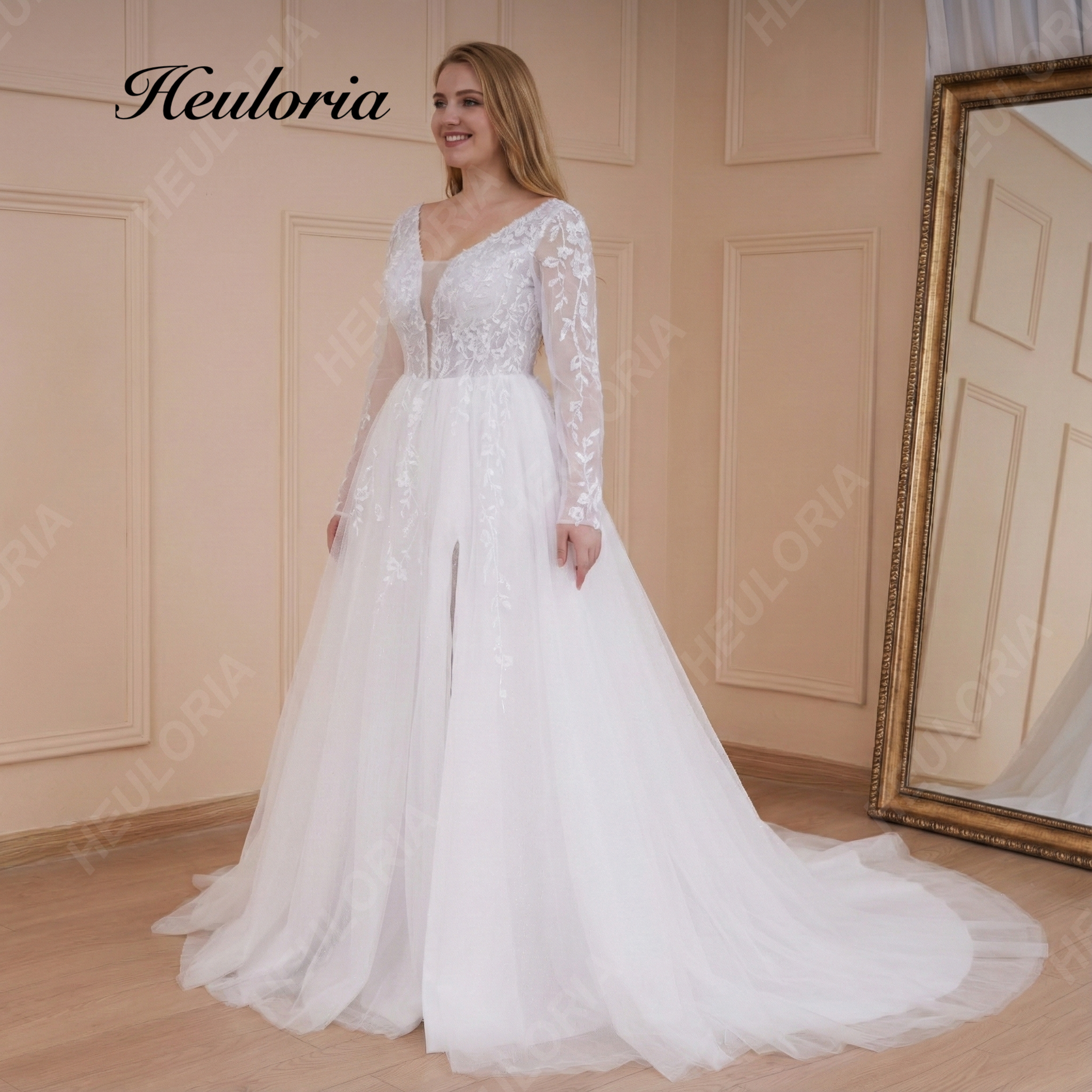 Plus Size Deep V-Neck Lace A-Line Wedding Dress with Long Sleeves AL-534PLUS Immagine secondaria del prodotto