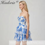 HEULORIA Enchanting Floral Print Strapless Tiered Ruffle Mini Dress - Corset Bodice with Crystal Brooch ED-291