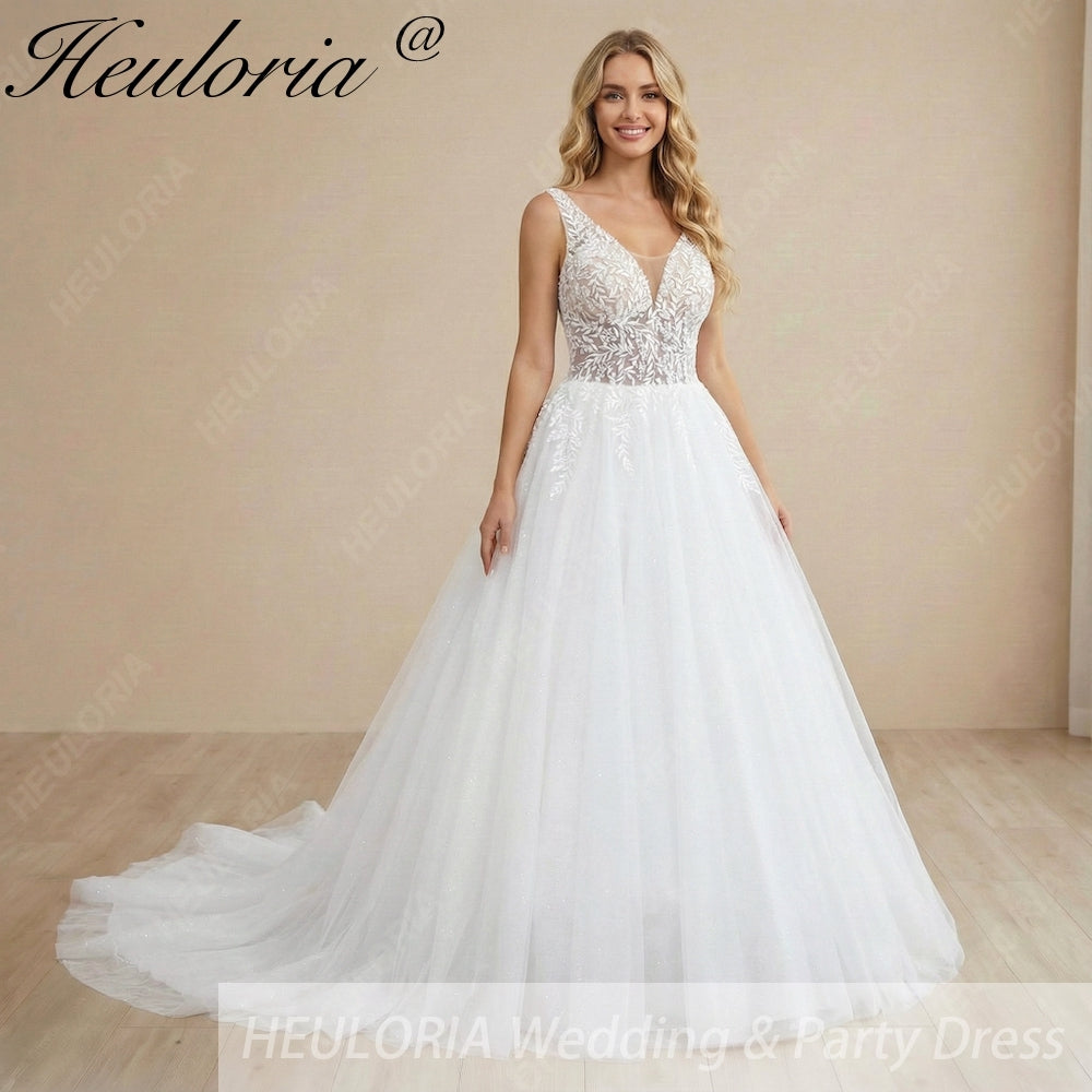 HEULORIA Ethereal Deep V-Neck Leaf Lace A-Line Wedding Dress - Shimmering Sequin Tulle & Corset Back AL-1063