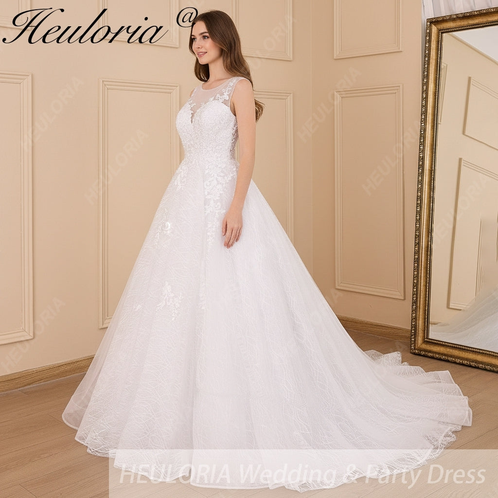 HEULORIA A-line V-Neck Court Train Lace Wedding Dress With Sequins BA-604